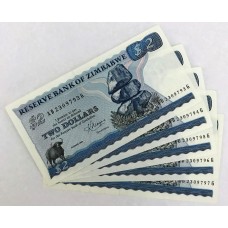 ZIMBABWE 1983 . TWO 2 DOLLAR BANKNOTES . CONSECUTIVE FIVE